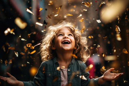 Happy child in confetti at birthday partyの素材