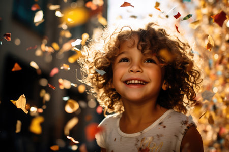 Little happy child in shiny festive birthday confettiの素材