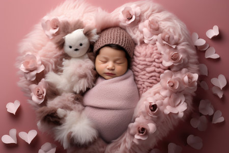 Small swaddled newborn baby on pink backgroundの素材