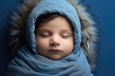 Sleeping newborn baby on blue backgroundの素材