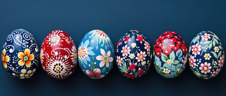 Row of Easter eggs with hand drawn flowers. horizontal bannerの素材