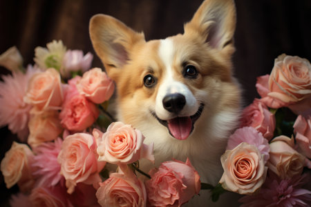 Funny dog in pink flowersの素材