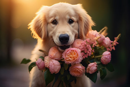 Funny dog with a bouquet of flowersの素材