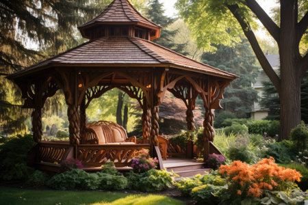 Beautiful wooden gazebo in the backyard or parkの素材