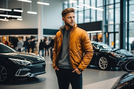 man customer buyer client in a car dealership choosing a new carの素材