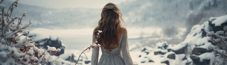Young woman in a chic elegant dress in the winter forestの素材