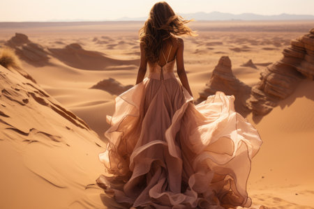 Woman in amazing long fluffy dress in the desertの素材