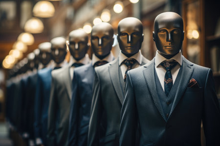 Row of mannequins in suits and ties in a shopping mallの素材