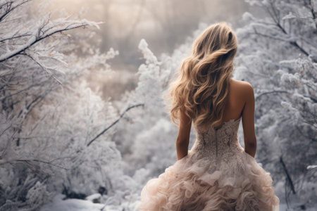Young woman in a chic elegant dress in the winter forestの素材