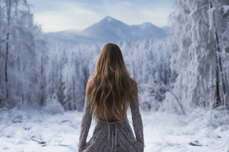 Young woman in a chic elegant dress in the winter forestの素材