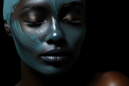 African American woman with cosmetics mask on face, spa procedures, skin careの素材