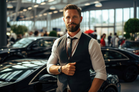 Male salesman in a suit in a car shopの素材