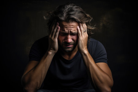 Man with head pain squeezing head with handsの素材