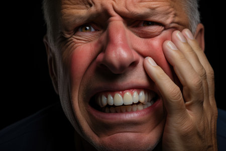 Man with toothache touching cheek with painful expressionの素材