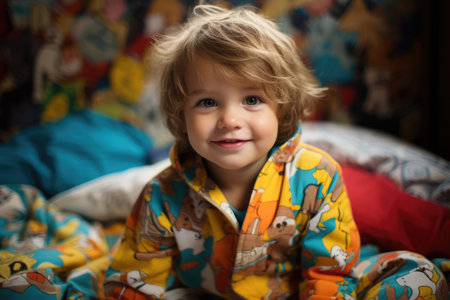 Boy child in pajamas sitting on the bedの素材