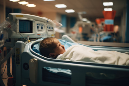 Newborn baby lying in bassinet in a maternity hospitalの素材