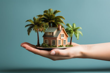 House with trees on hand, concept for selling, buying real estateの素材