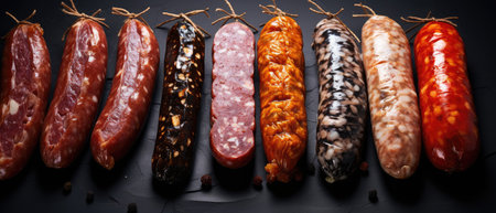 Set of different types of sausages, smoked and raw smokedの素材