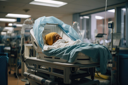 Newborn baby lying in bassinet in a maternity hospitalの素材
