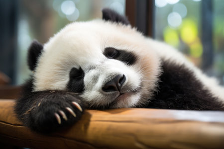 lazy relaxing panda bear sleeping on a logの素材