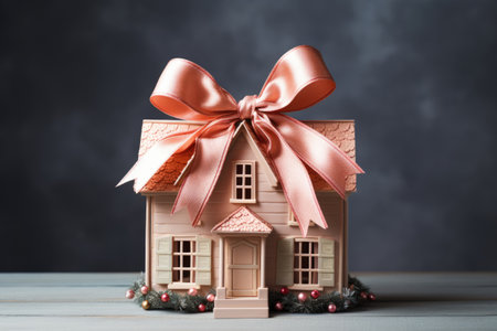 House as a gift tied with a ribbon with a bowの素材