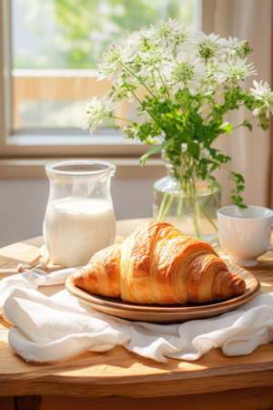 Croissant and glass of milk in the kitchen, breakfast on the tableの素材