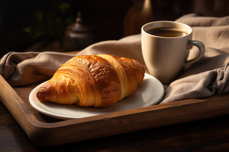 Croissant and cup of coffee on a tray, breakfast in bedの素材