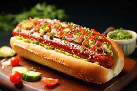 Fresh hot dog with sauces on the tableの素材