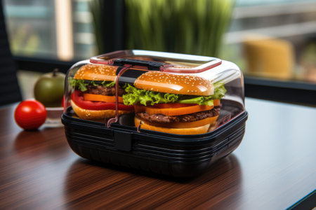 Burger in a lunchbox container on an office deskの素材