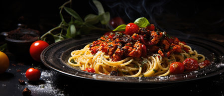 Italian spaghetti pasta with tomatoes in a plateの素材