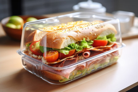 Burger in a lunchbox container on an office deskの素材