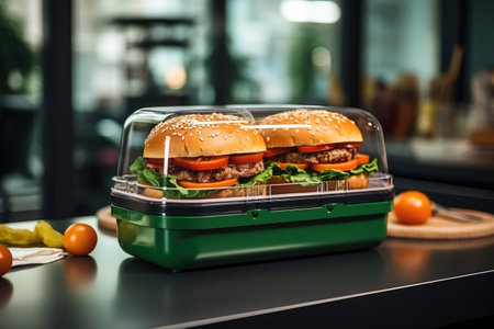 Burger in a lunchbox container on an office deskの素材