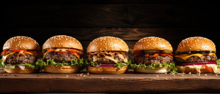 Row of fresh burgers on a wooden board.の素材