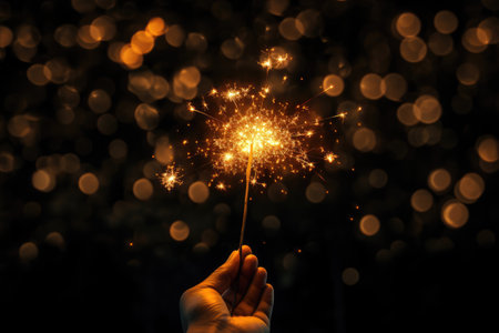 Sparklers in hand against bokeh backgroundの素材