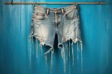 Blue torn denim shorts with holesの素材