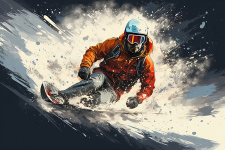 Snowboarder going down snowboard on snowy mountainの素材