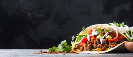 Fresh beef tacos on a dark background. horizontal bannerの素材