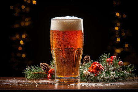 Glass of beer against the background of New Year's Christmas lightsの素材