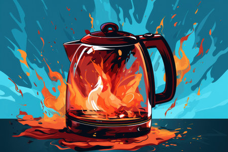 Broken burning electric kettle with fire and smokeの素材