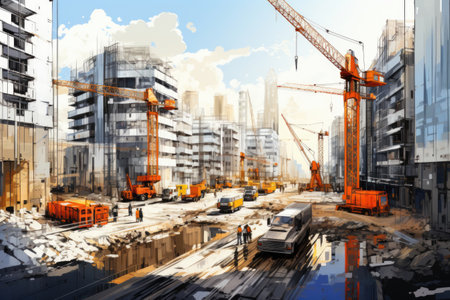 Construction site of a multi-storey building in the city in drawing styleの素材