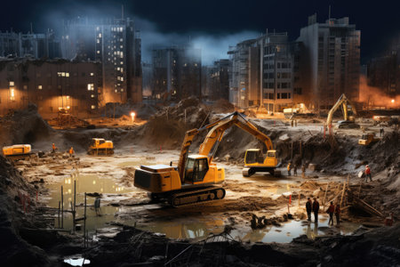 Construction site with cranes in modern cityの素材