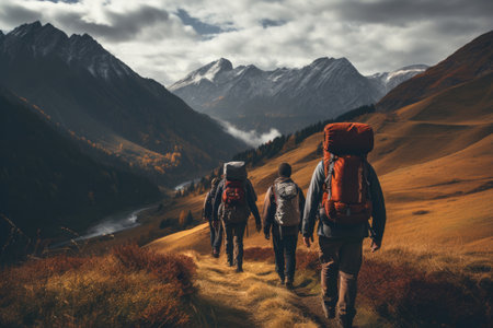 Group of tourists hikers with backpacks walks in mountainsの素材