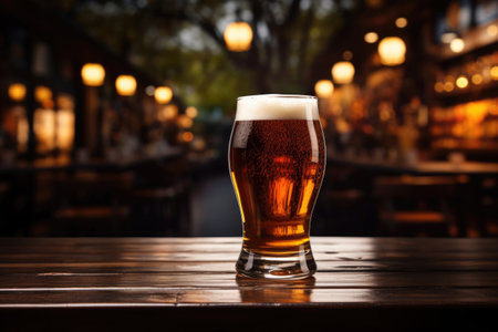 Glass of beer on wooden table on blurred bokeh backgroundの素材