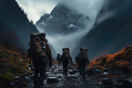 Group of tourists hikers with backpacks walks in mountainsの素材
