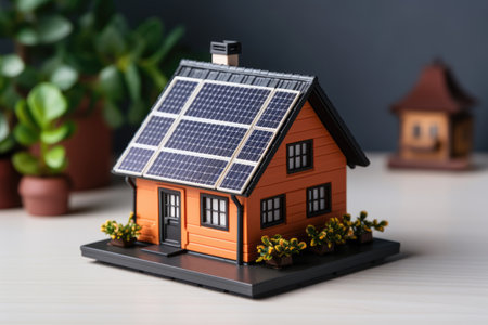 Toy model of a house with solar panels on the roof on the tableの素材