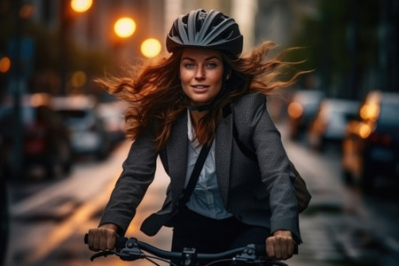 Happy businesswoman riding a bicycle while going to workの素材