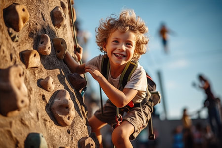 Little boy training at the climbing wallの素材
