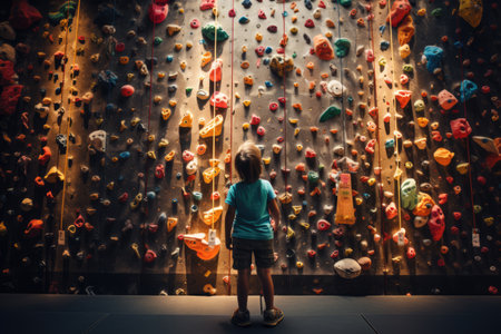 young girl trains on a climbing wall in the gymの素材