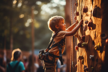 Little boy training at the climbing wallの素材