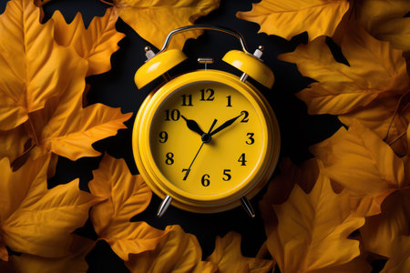Vintage alarm clock on yellow autumn background with yellow leavesの素材